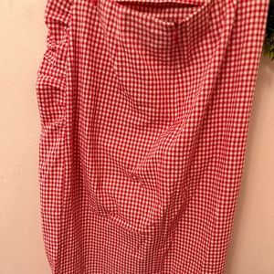 Zara Red Gingham MIdi Pencil skirt side slit with ruching NWT